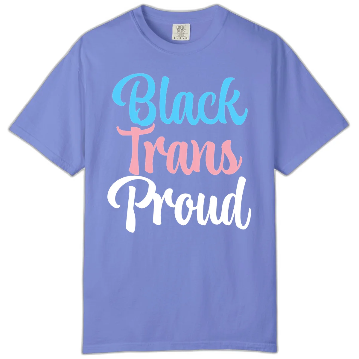 Block Tram Squad design with stacked text in cyan, pink, and white on gray background in Flo Blue