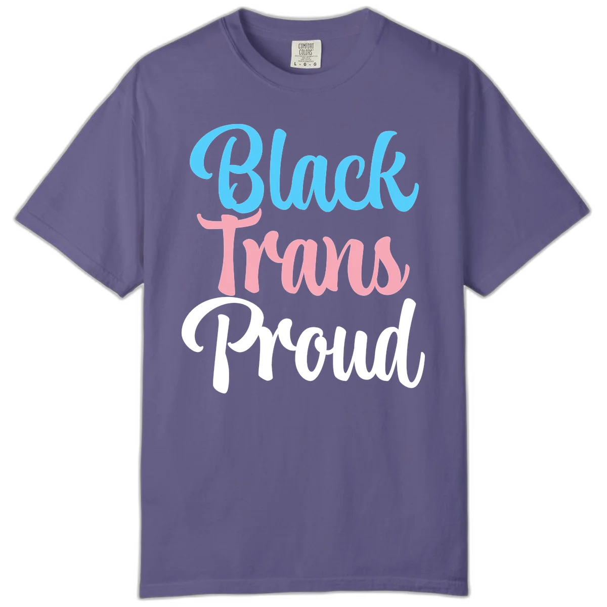 Block Tram Squad design with stacked text in cyan, pink, and white on gray background in Grape