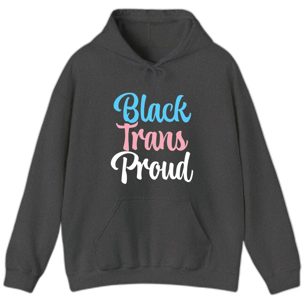 Block Tram Squad design with stacked text in cyan, pink, and white on gray background in Dark Heather