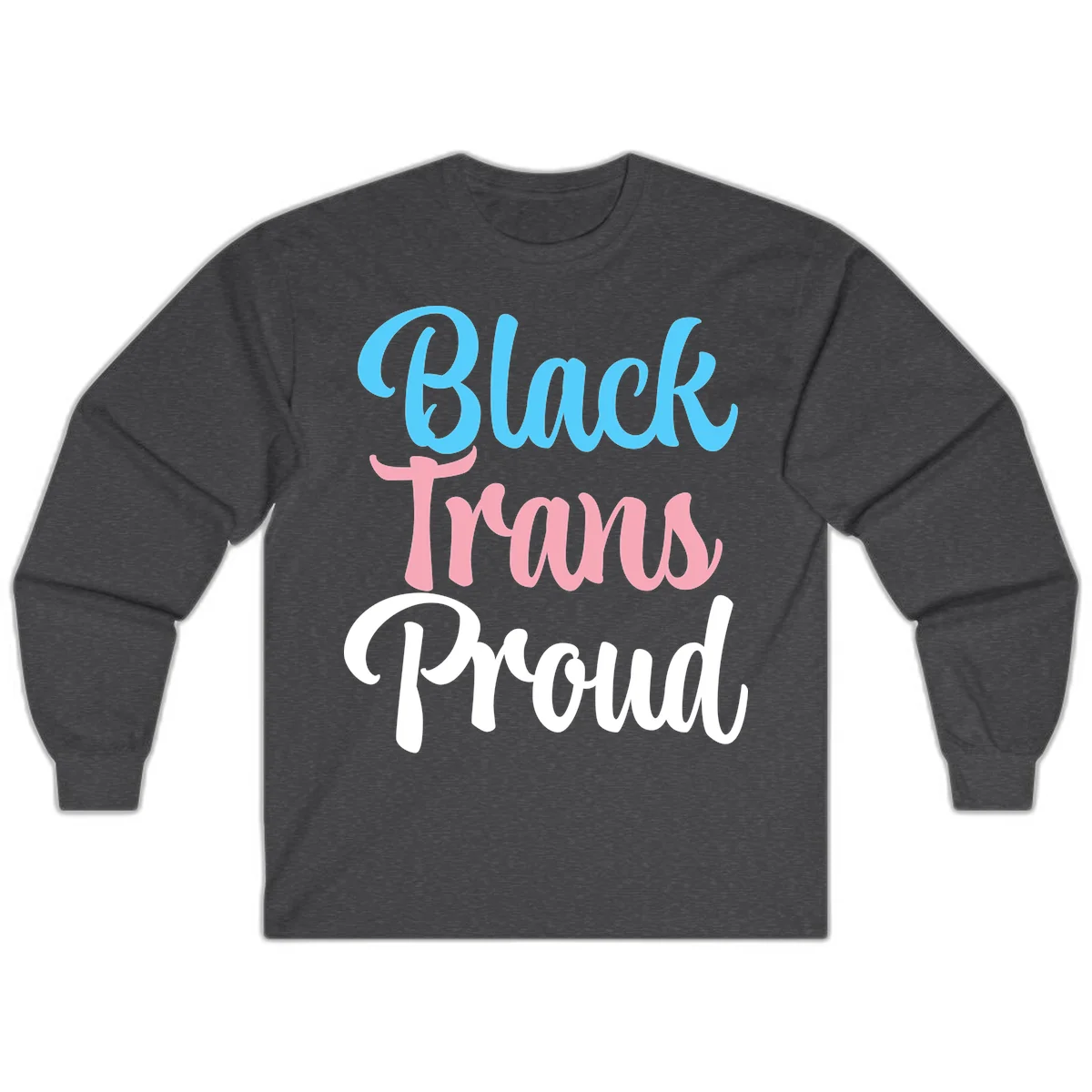Block Tram Squad design with stacked text in cyan, pink, and white on gray background in Dark Heather