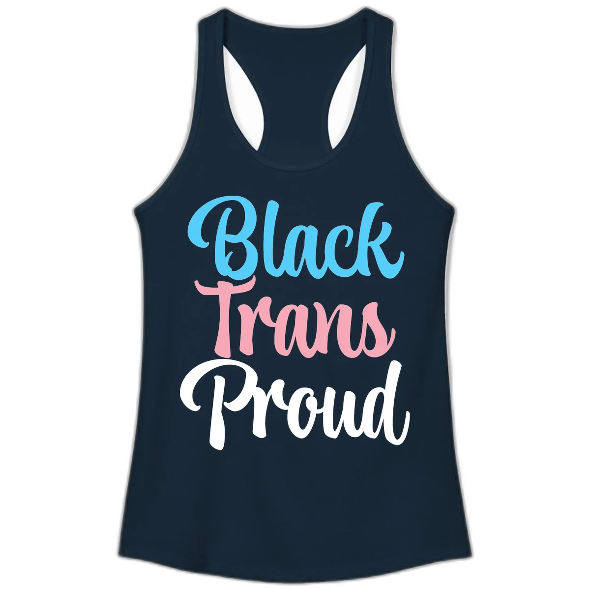Block Tram Squad design with stacked text in cyan, pink, and white on gray background in Solid Midnight Navy