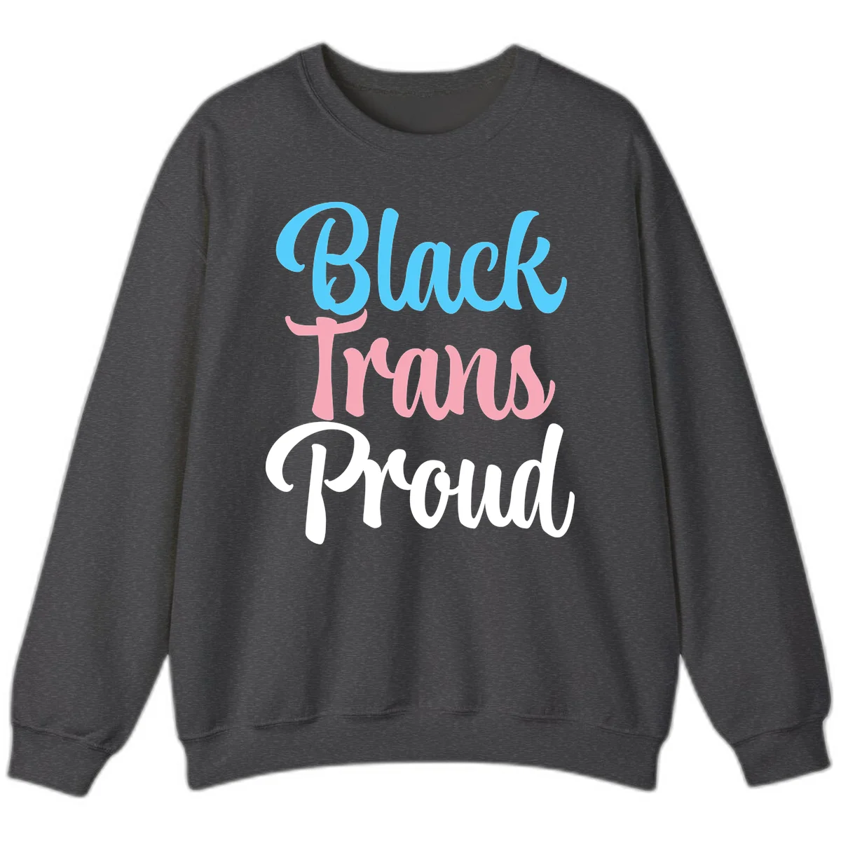 Block Tram Squad design with stacked text in cyan, pink, and white on gray background in Dark Heather