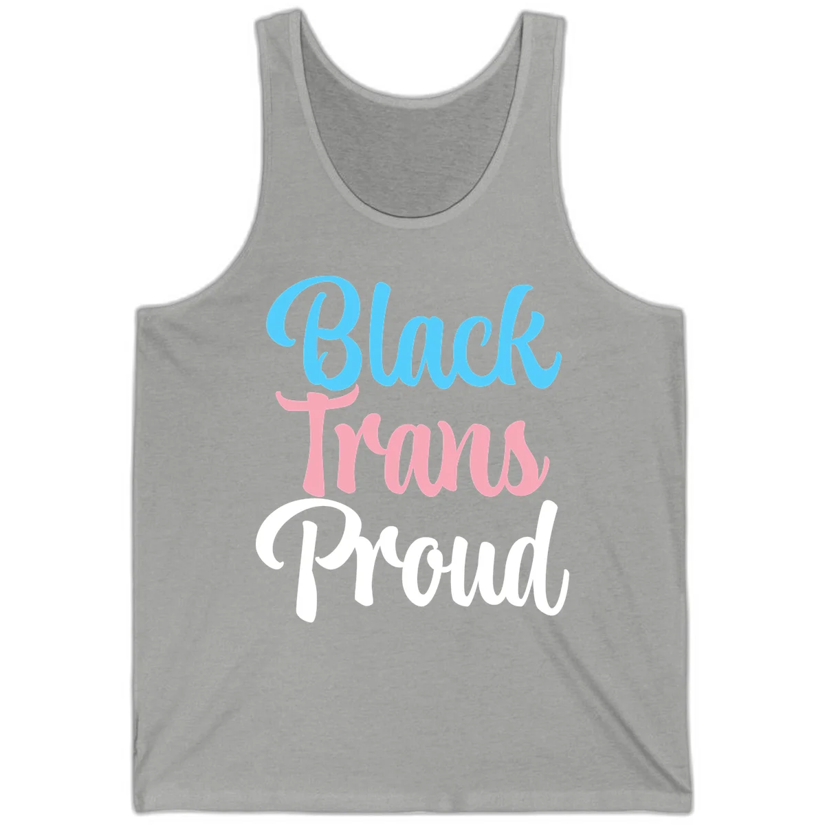 Block Tram Squad design with stacked text in cyan, pink, and white on gray background in Athletic Heather