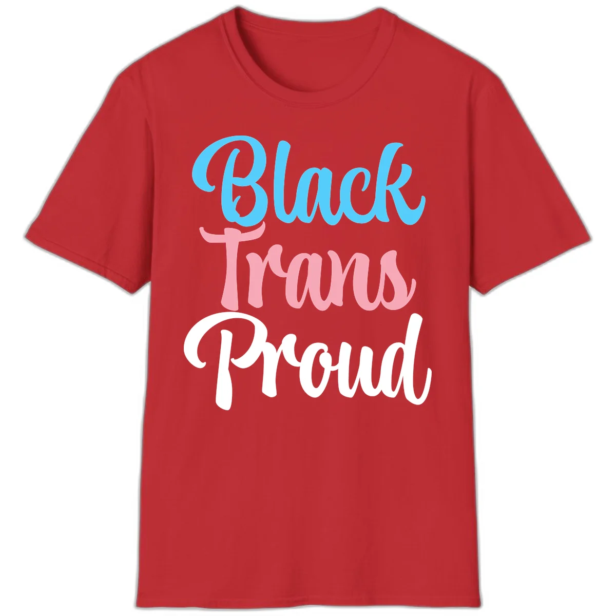 Block Tram Squad design with stacked text in cyan, pink, and white on gray background in Red