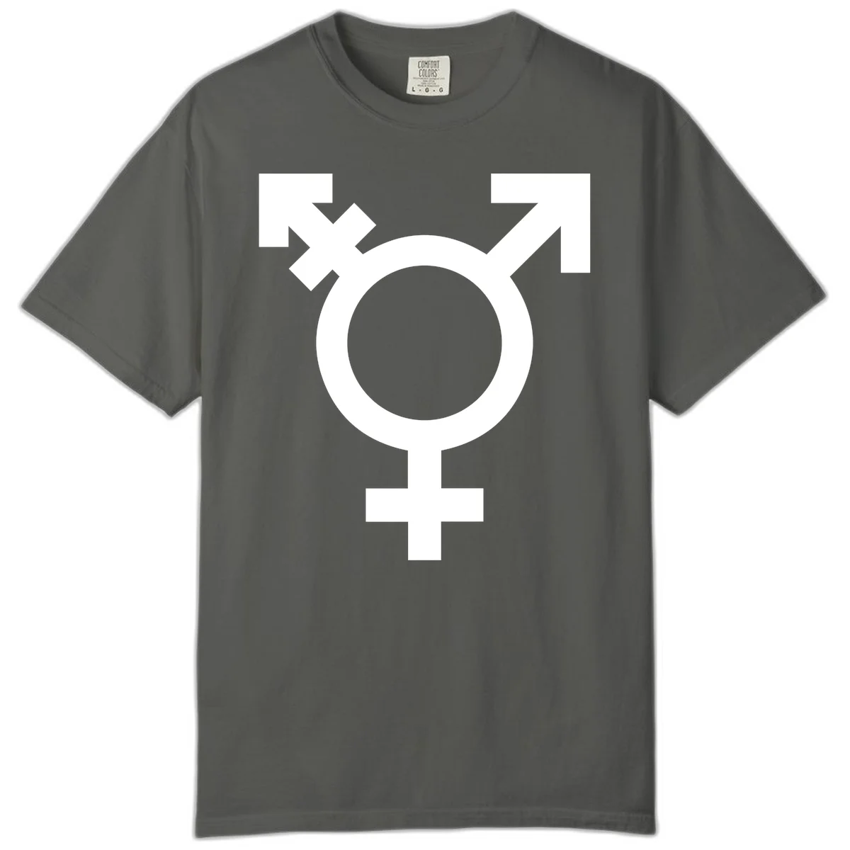 White transgender pride symbol featuring a circle with cross on gray background, representing trans identity and LGBTQ pride in Pepper