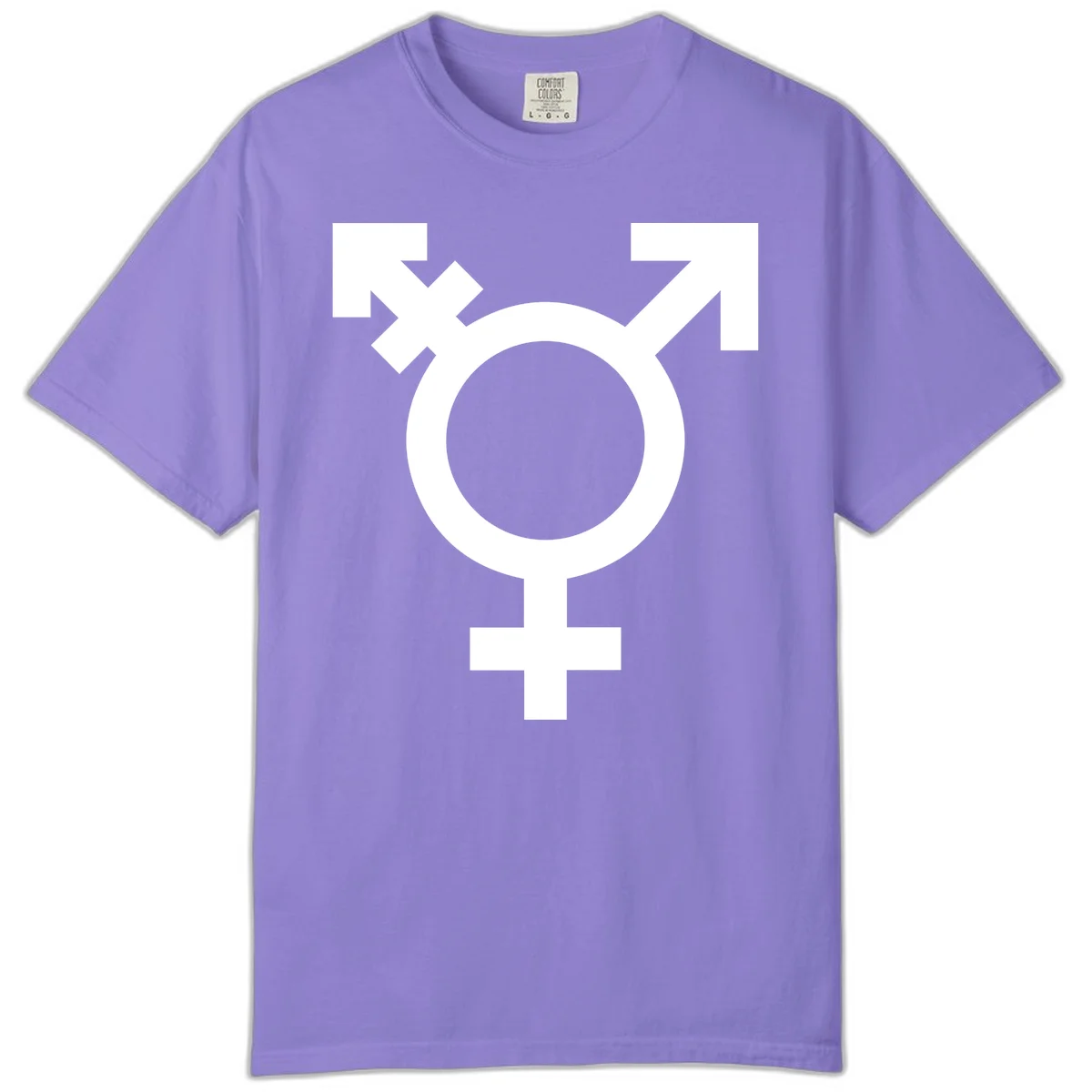 White transgender pride symbol featuring a circle with cross on gray background, representing trans identity and LGBTQ pride in Violet