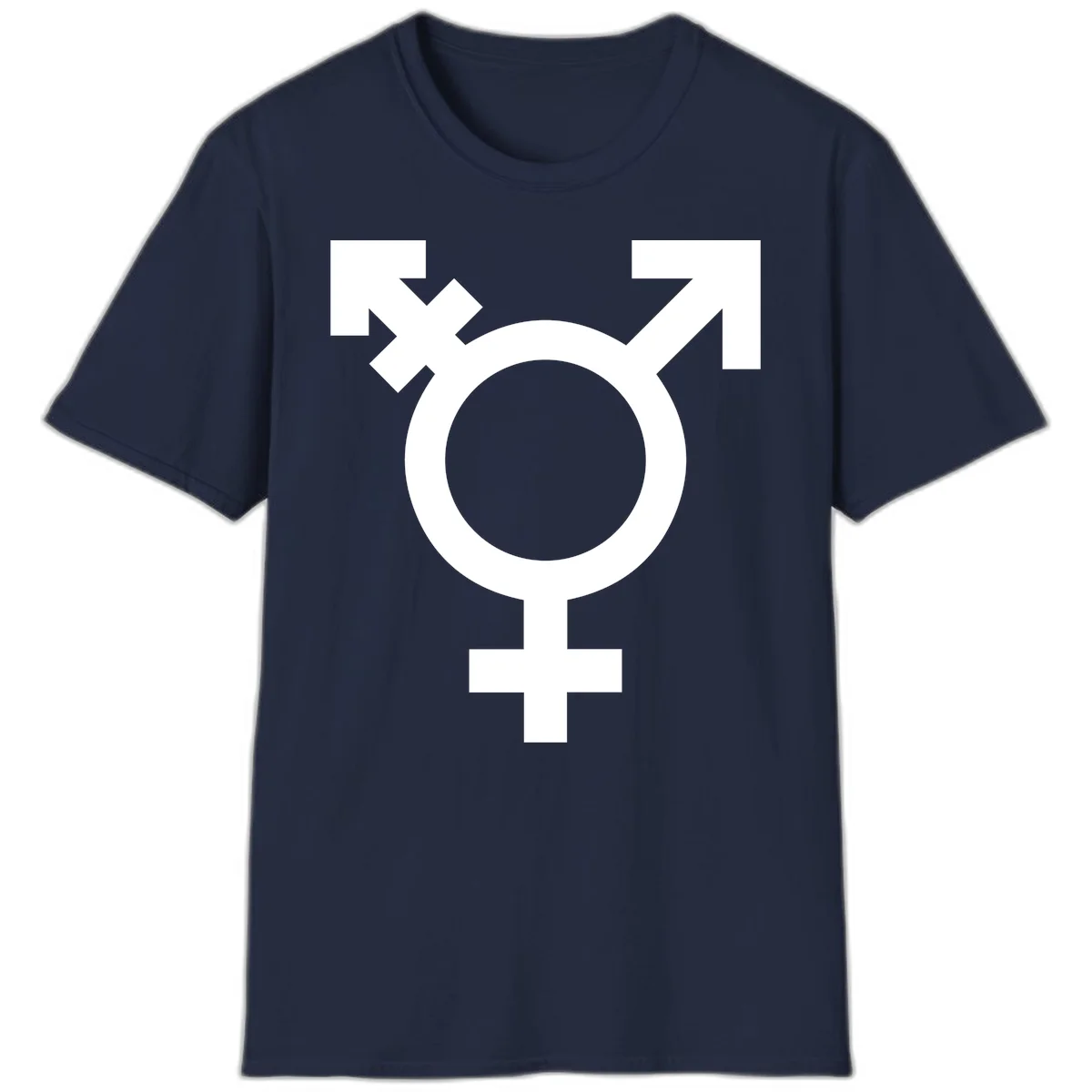 White transgender pride symbol featuring a circle with cross on gray background, representing trans identity and LGBTQ pride in Navy
