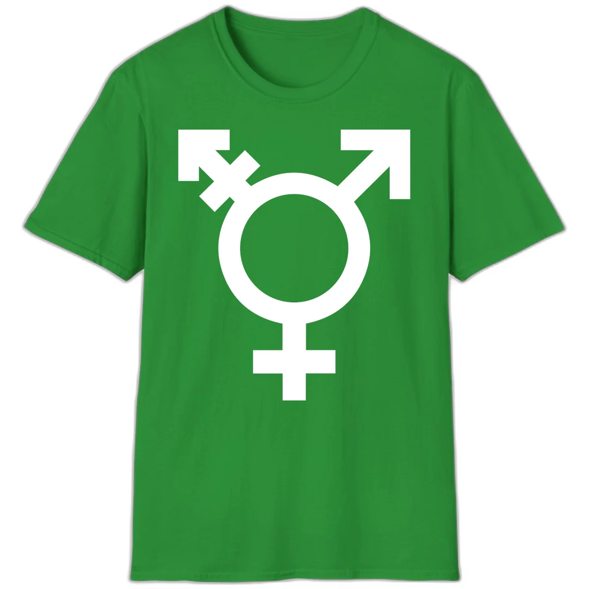 White transgender pride symbol featuring a circle with cross on gray background, representing trans identity and LGBTQ pride in Irish Green