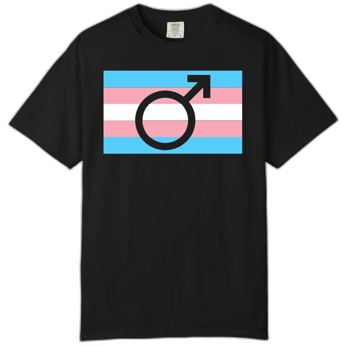 Gray transgender symbol with male arrow and circle overlaid on light blue, pink, and white horizontal stripes representing the trans pride flag in Black