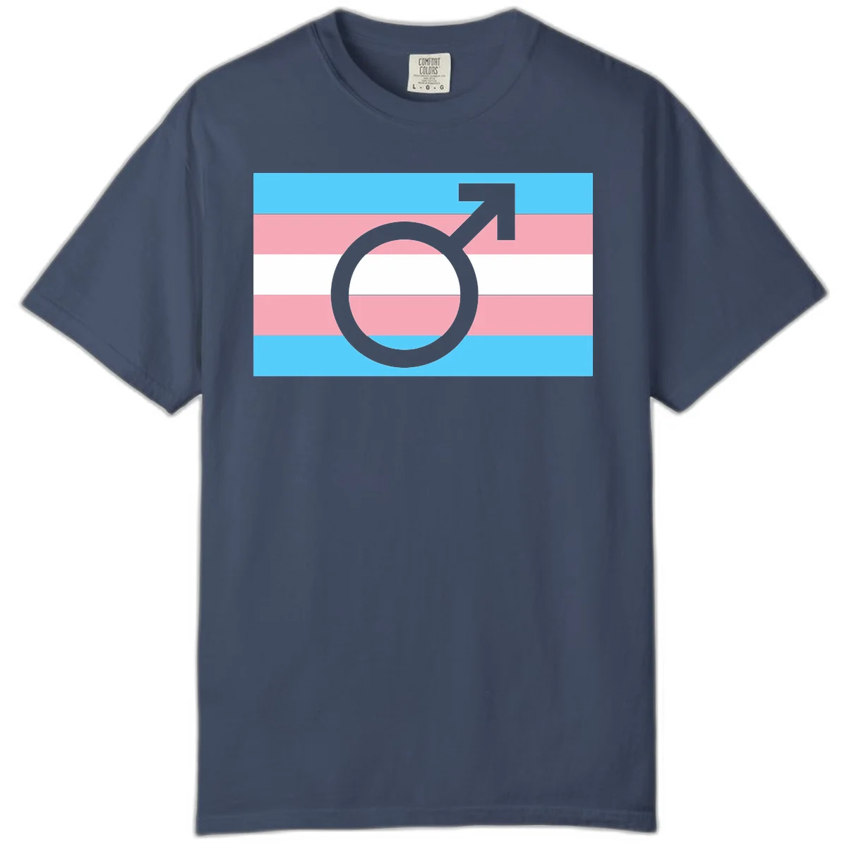 Gray transgender symbol with male arrow and circle overlaid on light blue, pink, and white horizontal stripes representing the trans pride flag in Midnight