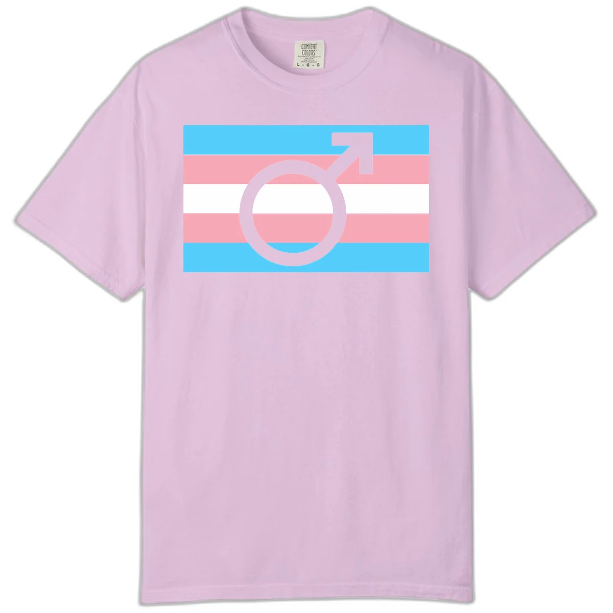 Gray transgender symbol with male arrow and circle overlaid on light blue, pink, and white horizontal stripes representing the trans pride flag in Orchid