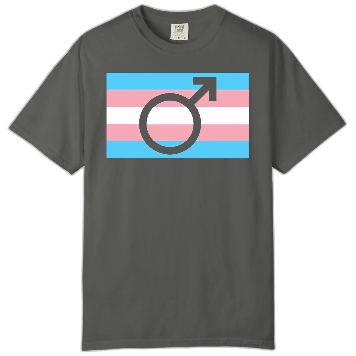 Gray transgender symbol with male arrow and circle overlaid on light blue, pink, and white horizontal stripes representing the trans pride flag in Pepper