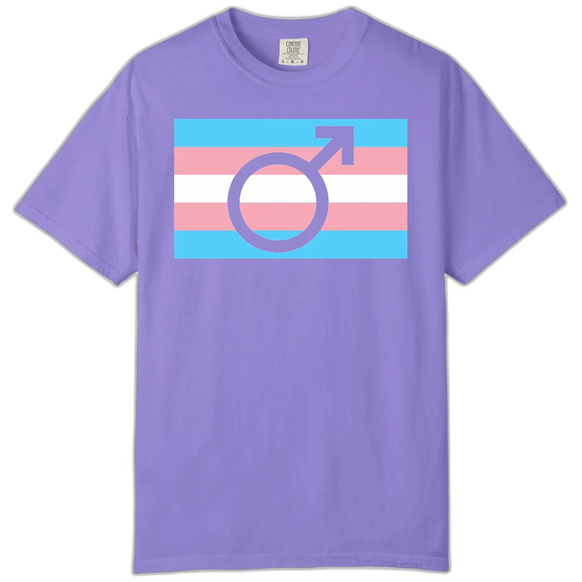 Gray transgender symbol with male arrow and circle overlaid on light blue, pink, and white horizontal stripes representing the trans pride flag in Violet