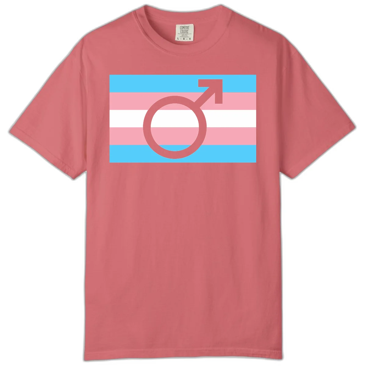 Gray transgender symbol with male arrow and circle overlaid on light blue, pink, and white horizontal stripes representing the trans pride flag in Watermelon