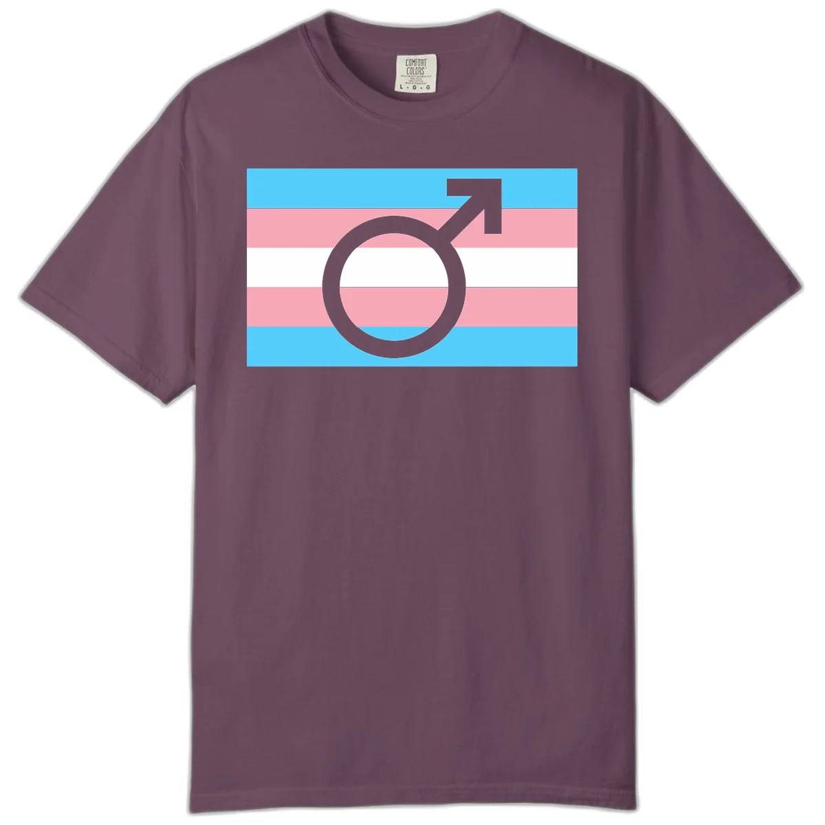 Gray transgender symbol with male arrow and circle overlaid on light blue, pink, and white horizontal stripes representing the trans pride flag in Berry