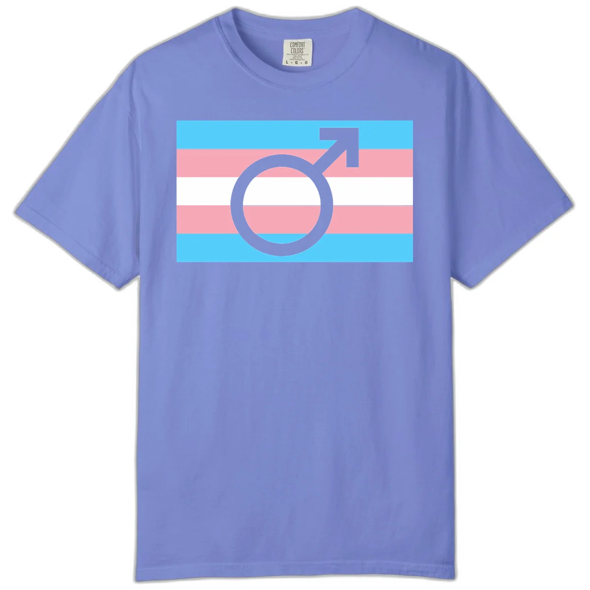 Gray transgender symbol with male arrow and circle overlaid on light blue, pink, and white horizontal stripes representing the trans pride flag in Flo Blue