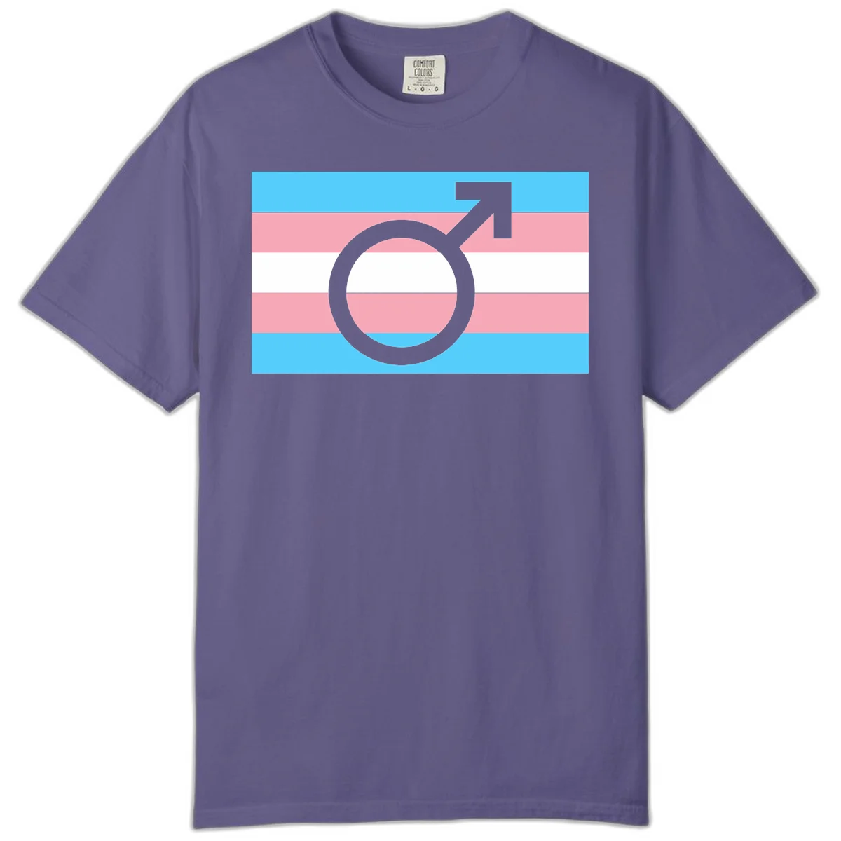 Gray transgender symbol with male arrow and circle overlaid on light blue, pink, and white horizontal stripes representing the trans pride flag in Grape