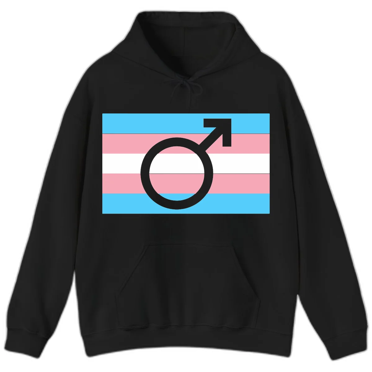 Gray transgender symbol with male arrow and circle overlaid on light blue, pink, and white horizontal stripes representing the trans pride flag in Black