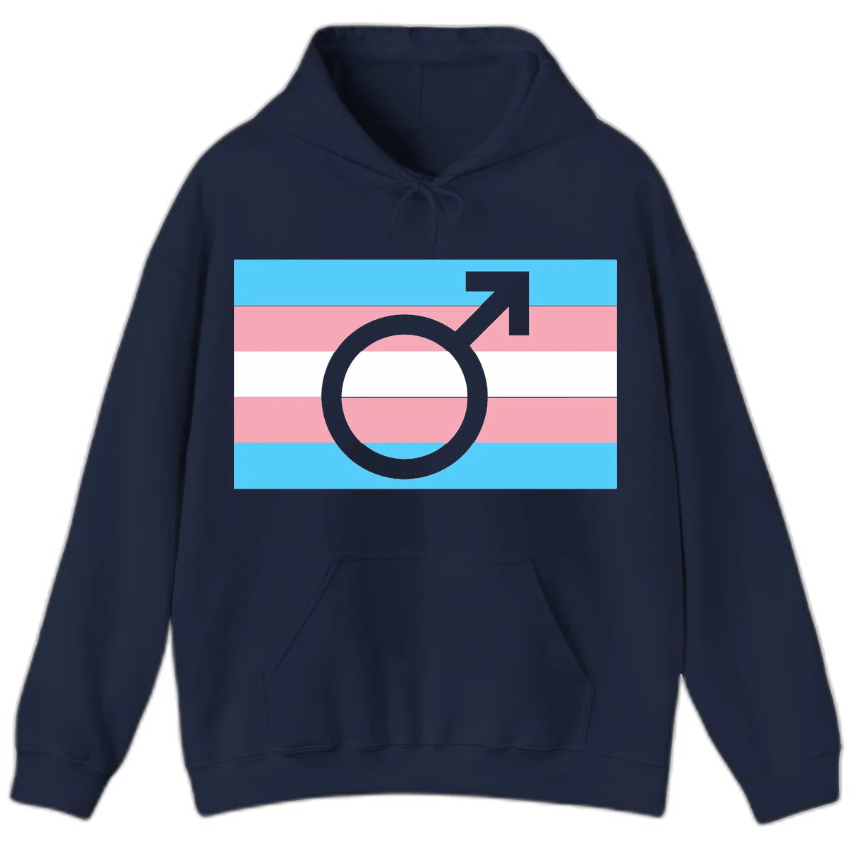 Gray transgender symbol with male arrow and circle overlaid on light blue, pink, and white horizontal stripes representing the trans pride flag in Navy