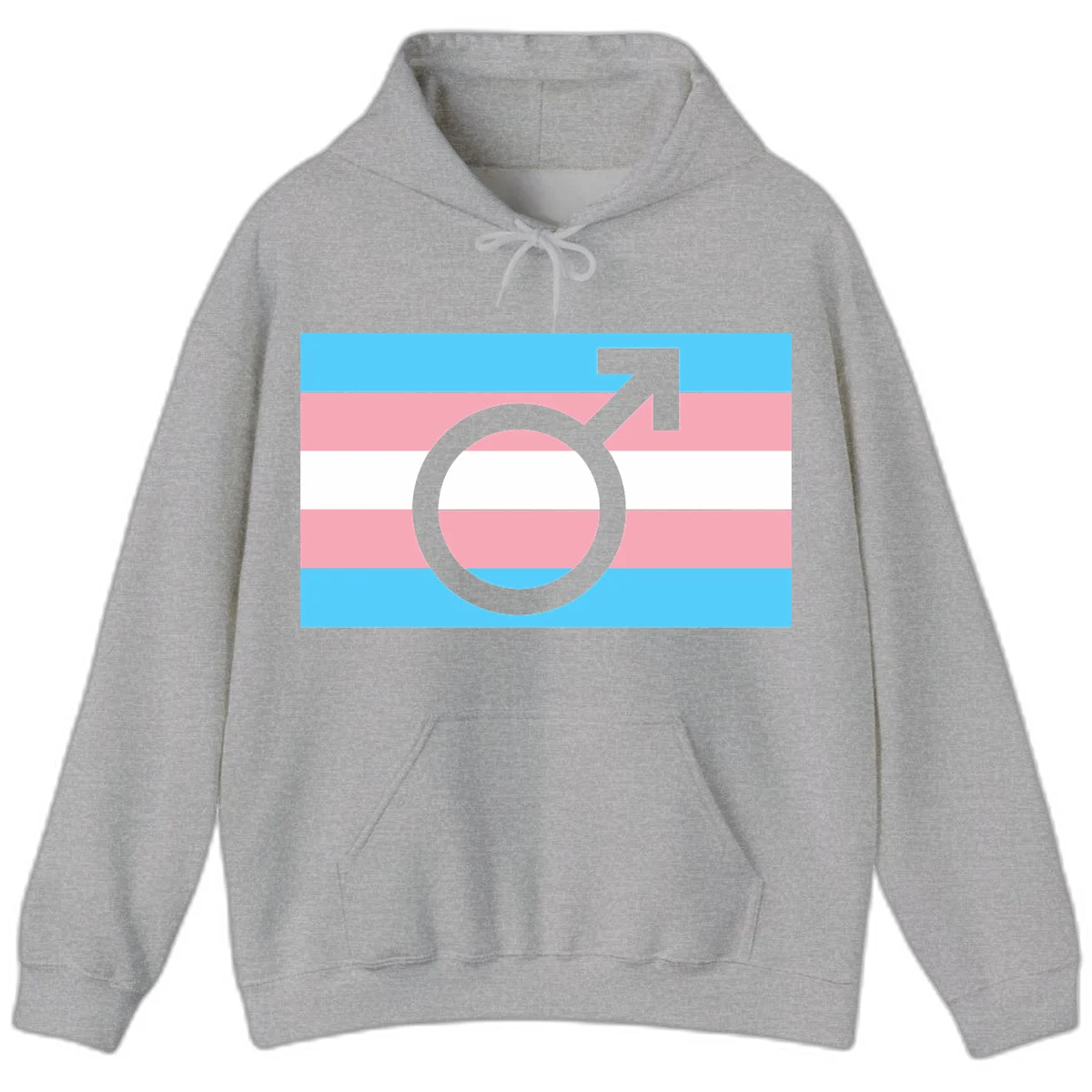 Gray transgender symbol with male arrow and circle overlaid on light blue, pink, and white horizontal stripes representing the trans pride flag in Sport Grey