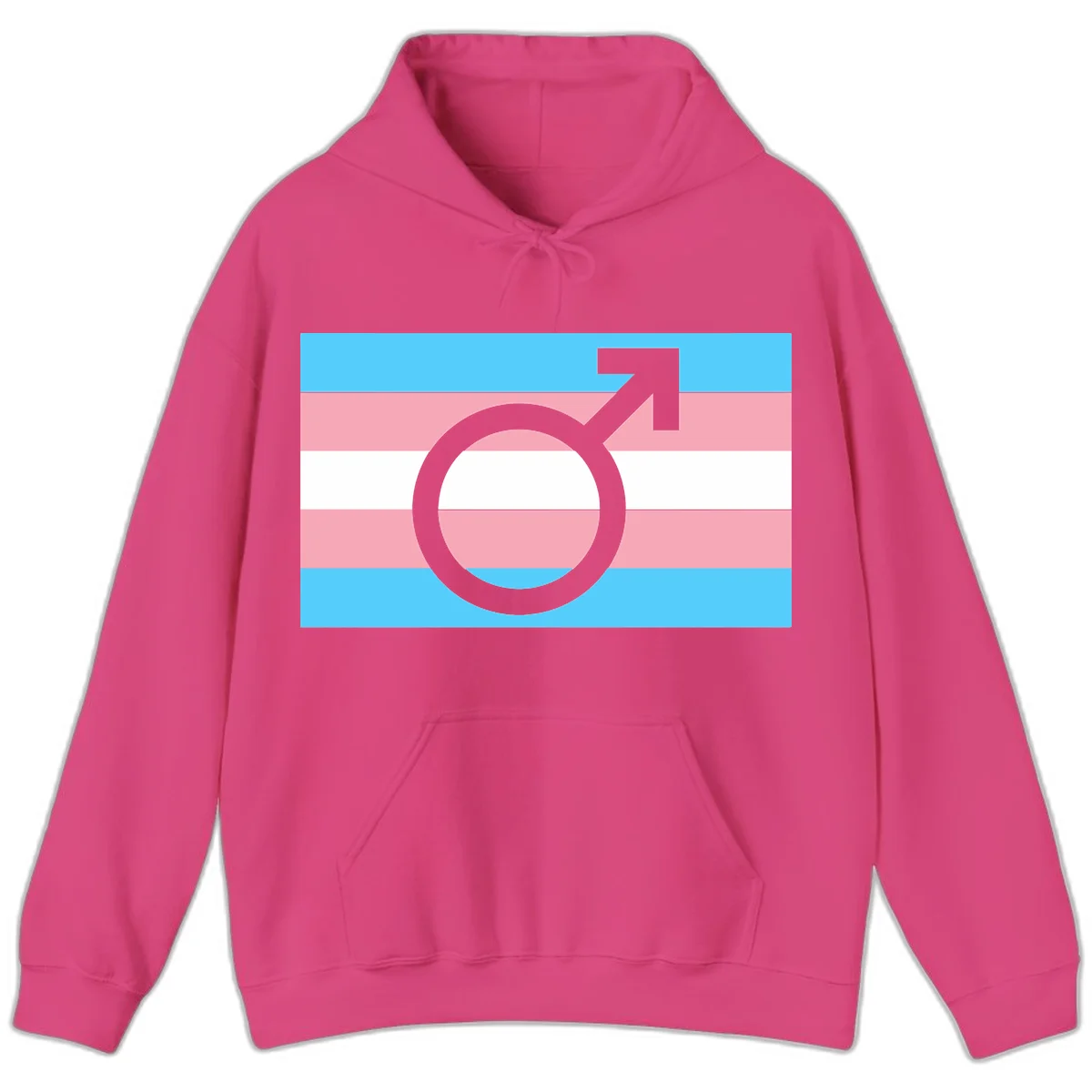 Gray transgender symbol with male arrow and circle overlaid on light blue, pink, and white horizontal stripes representing the trans pride flag in Heliconia