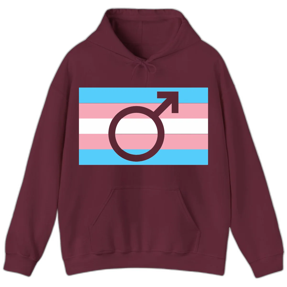 Gray transgender symbol with male arrow and circle overlaid on light blue, pink, and white horizontal stripes representing the trans pride flag in Maroon