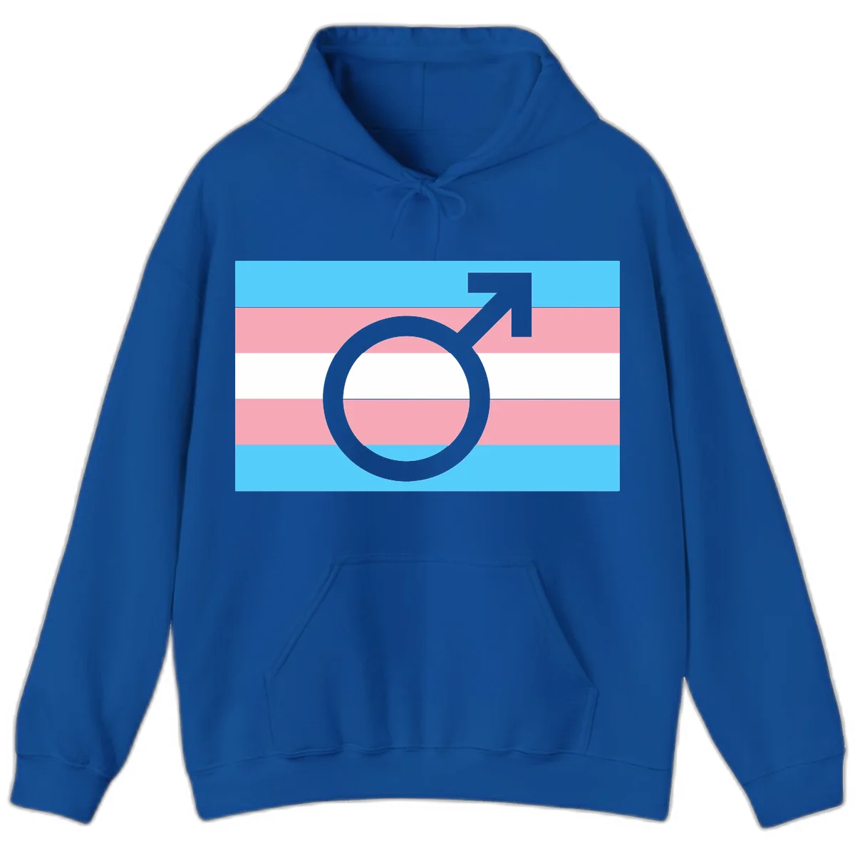 Gray transgender symbol with male arrow and circle overlaid on light blue, pink, and white horizontal stripes representing the trans pride flag in Royal
