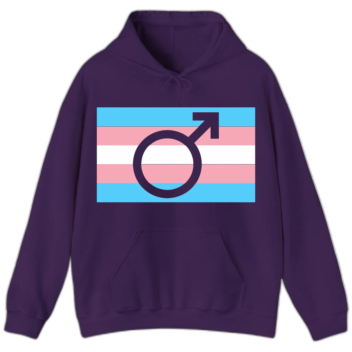 Gray transgender symbol with male arrow and circle overlaid on light blue, pink, and white horizontal stripes representing the trans pride flag in Purple