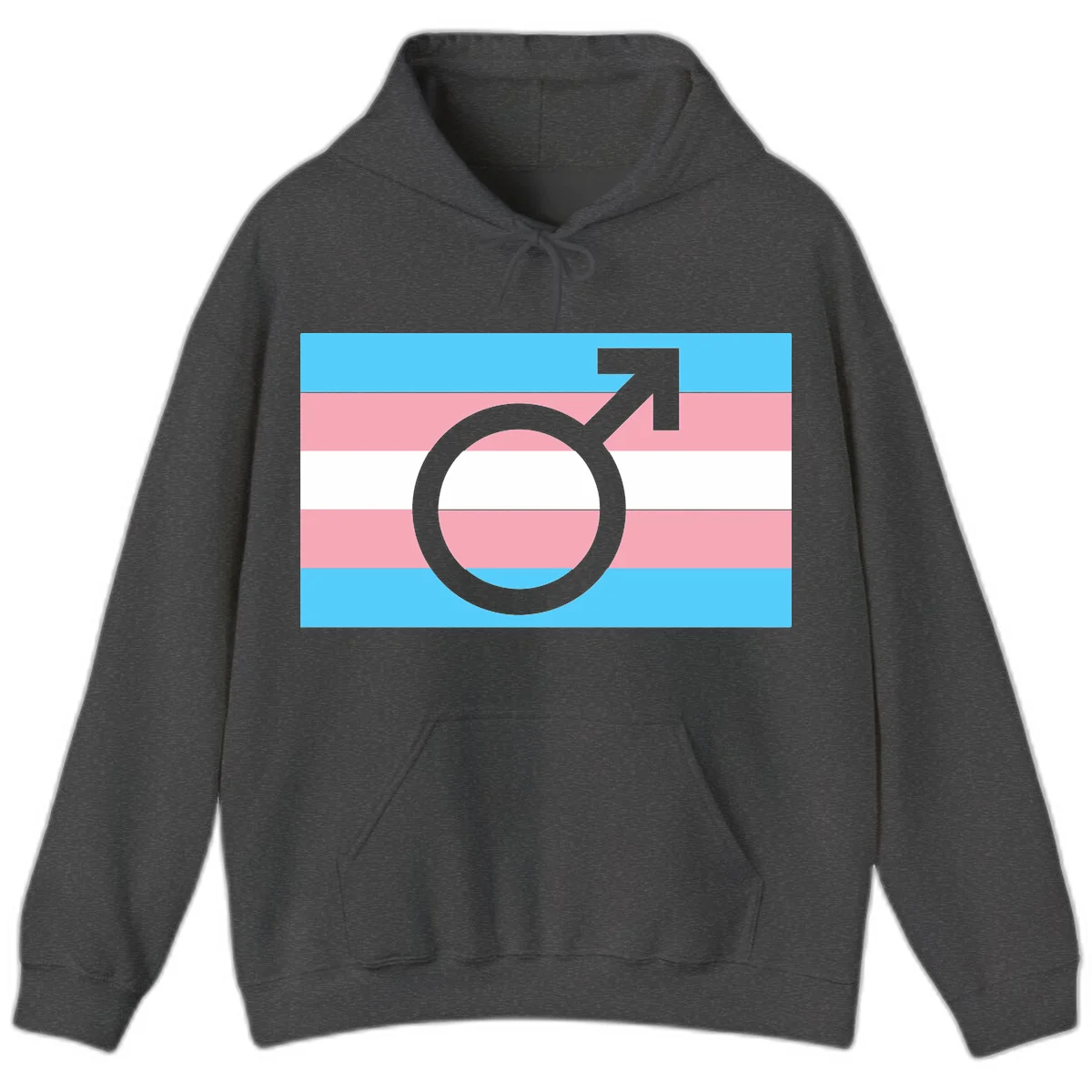 Gray transgender symbol with male arrow and circle overlaid on light blue, pink, and white horizontal stripes representing the trans pride flag in Dark Heather