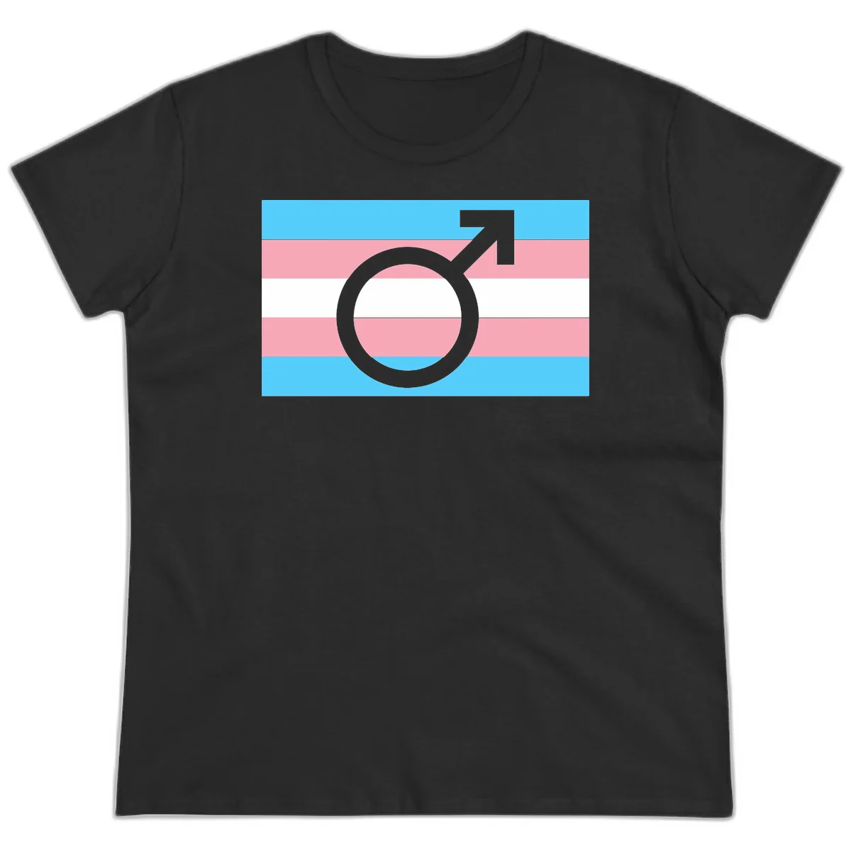 Gray transgender symbol with male arrow and circle overlaid on light blue, pink, and white horizontal stripes representing the trans pride flag in Black