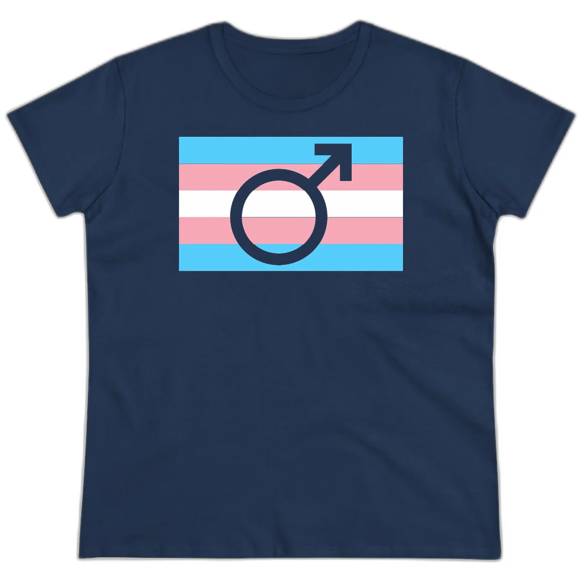 Gray transgender symbol with male arrow and circle overlaid on light blue, pink, and white horizontal stripes representing the trans pride flag in Navy