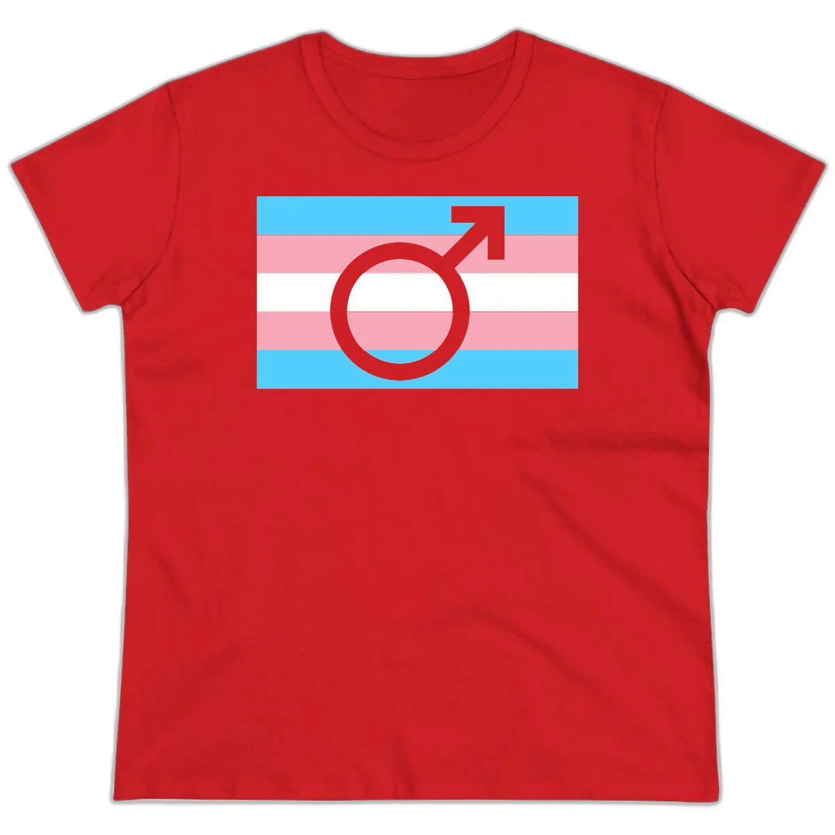 Gray transgender symbol with male arrow and circle overlaid on light blue, pink, and white horizontal stripes representing the trans pride flag in Red