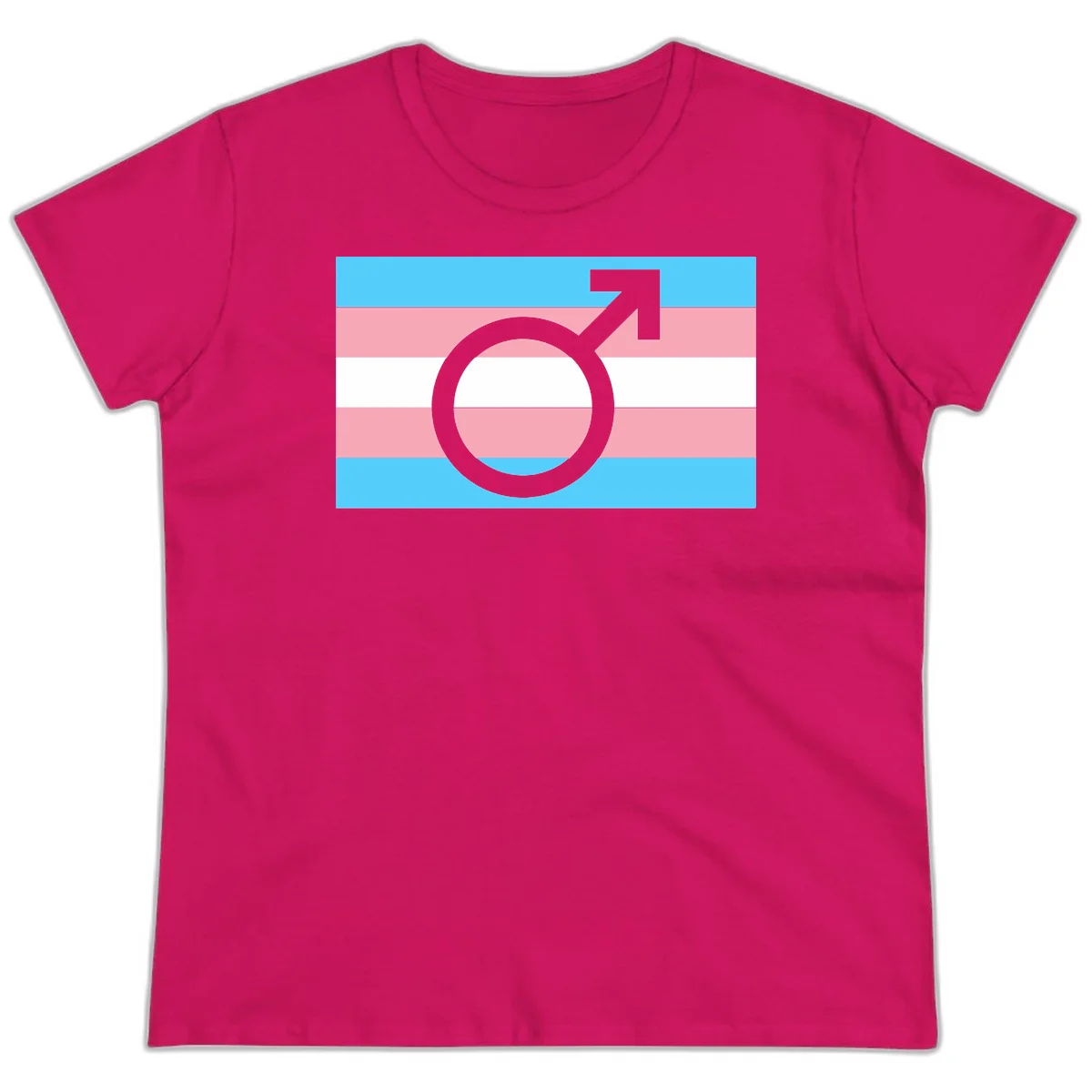 Gray transgender symbol with male arrow and circle overlaid on light blue, pink, and white horizontal stripes representing the trans pride flag in Heliconia