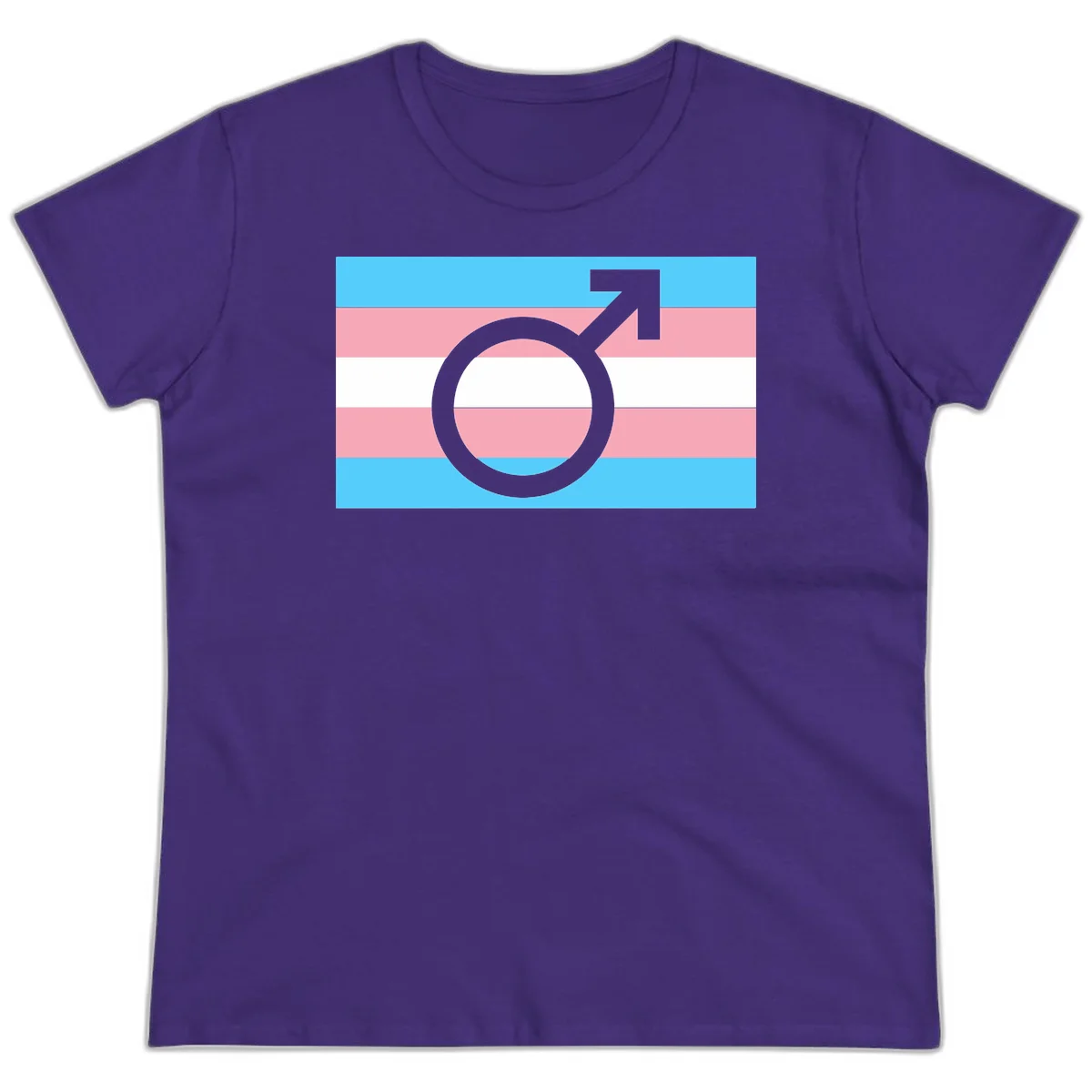 Gray transgender symbol with male arrow and circle overlaid on light blue, pink, and white horizontal stripes representing the trans pride flag in Purple