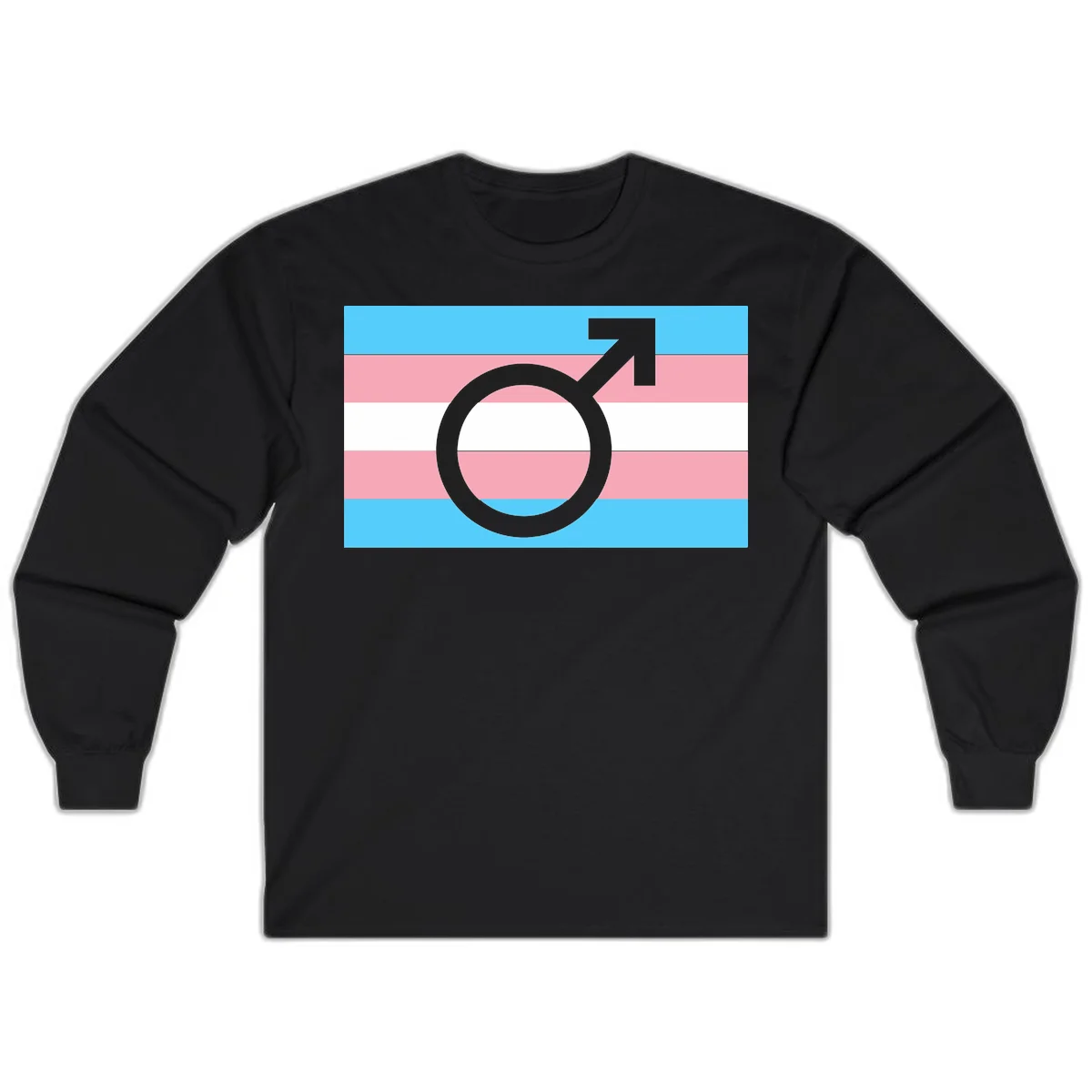 Gray transgender symbol with male arrow and circle overlaid on light blue, pink, and white horizontal stripes representing the trans pride flag in Black