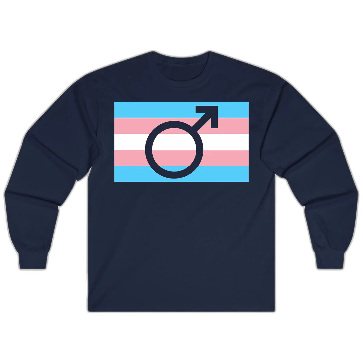 Gray transgender symbol with male arrow and circle overlaid on light blue, pink, and white horizontal stripes representing the trans pride flag in Navy