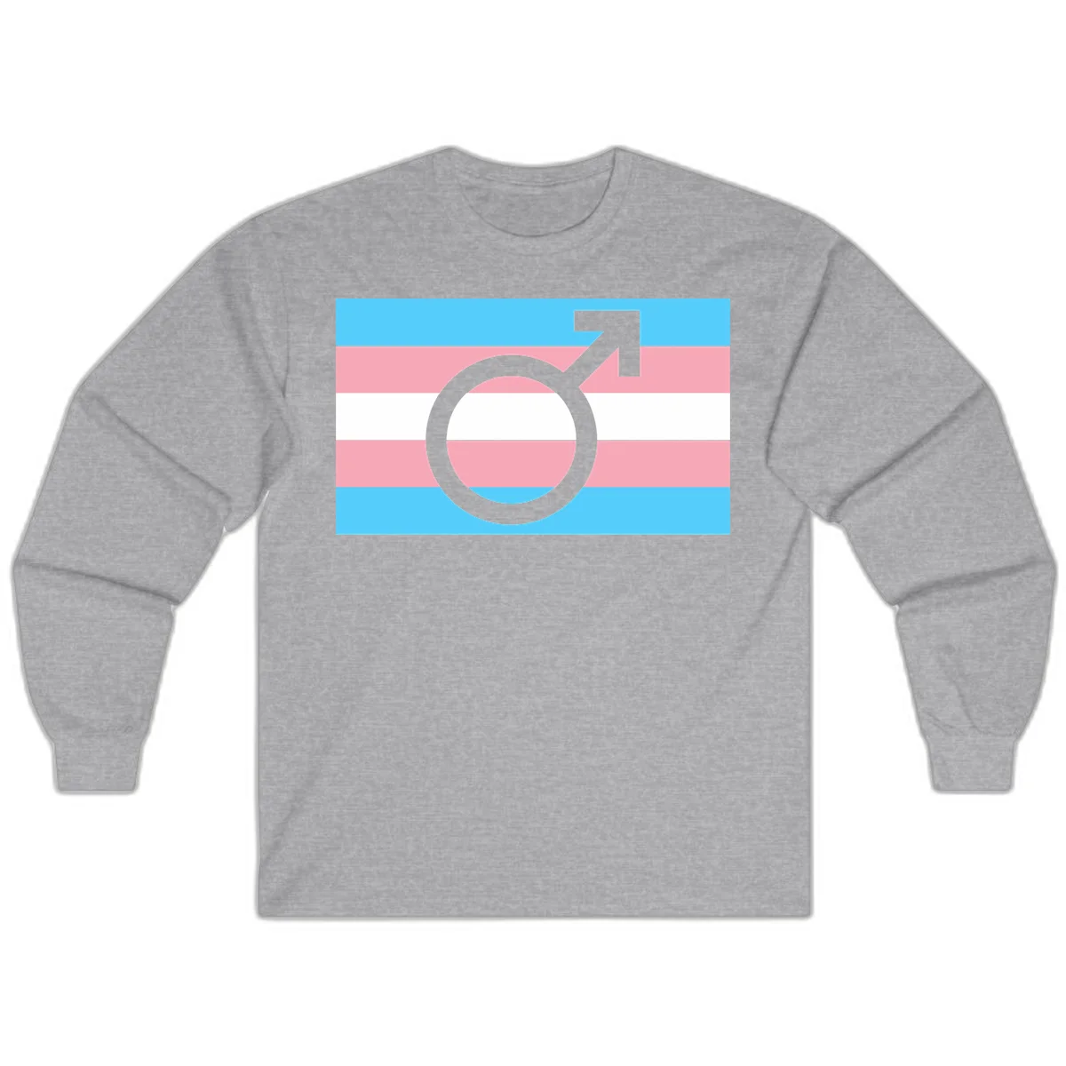 Gray transgender symbol with male arrow and circle overlaid on light blue, pink, and white horizontal stripes representing the trans pride flag in Sport Grey