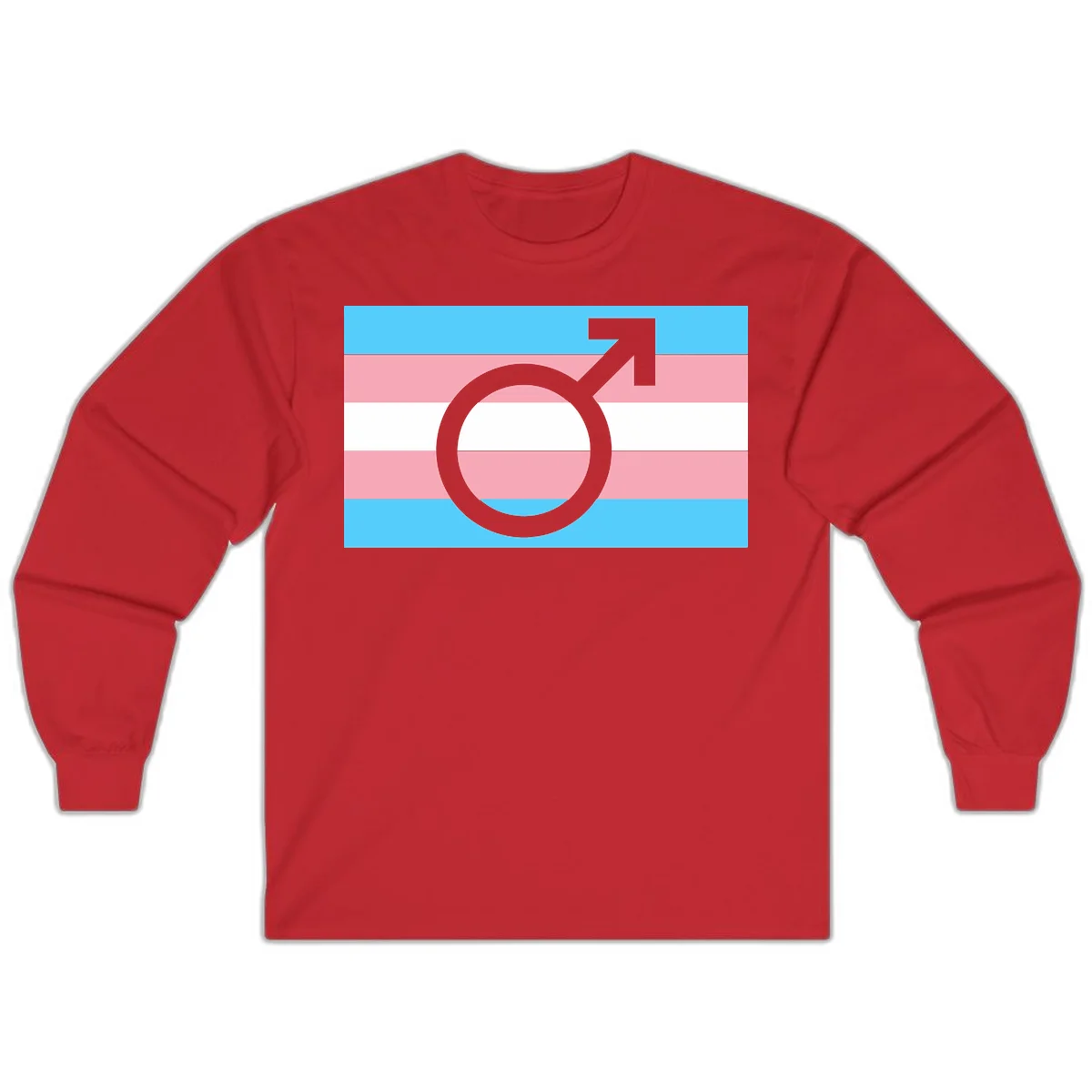 Gray transgender symbol with male arrow and circle overlaid on light blue, pink, and white horizontal stripes representing the trans pride flag in Red