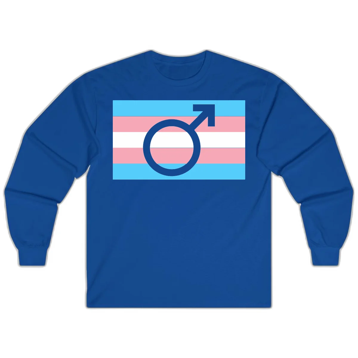 Gray transgender symbol with male arrow and circle overlaid on light blue, pink, and white horizontal stripes representing the trans pride flag in Royal
