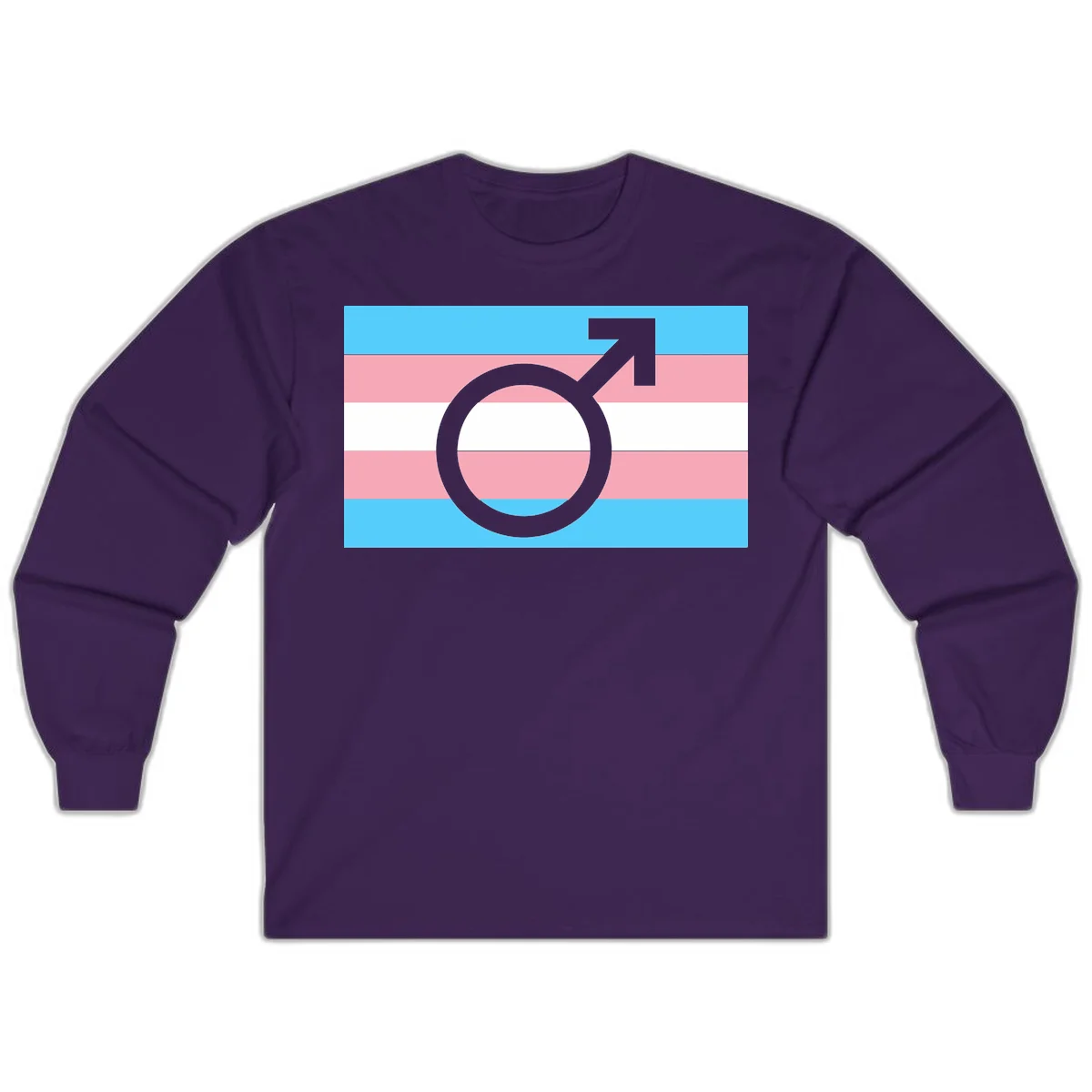 Gray transgender symbol with male arrow and circle overlaid on light blue, pink, and white horizontal stripes representing the trans pride flag in Purple