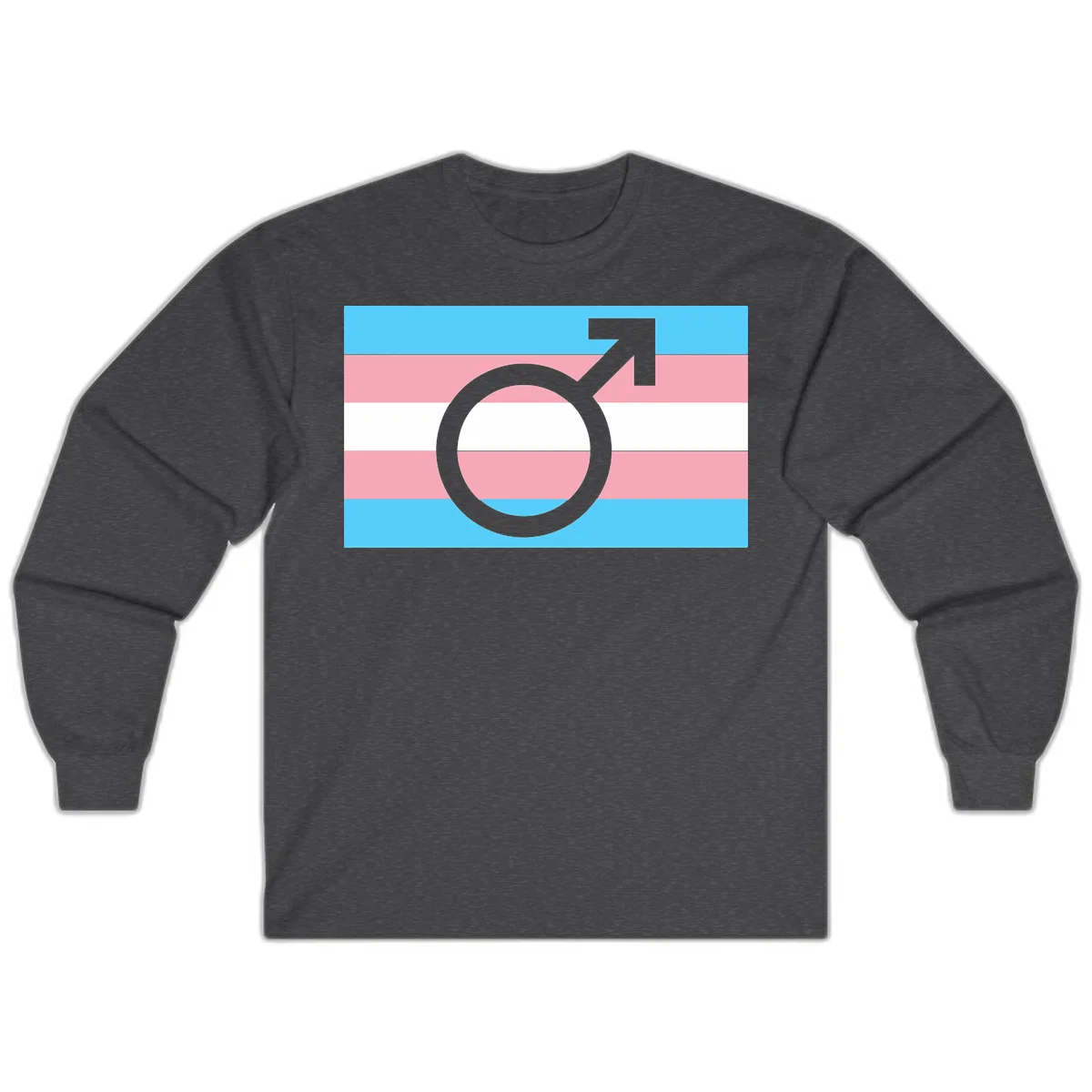 Gray transgender symbol with male arrow and circle overlaid on light blue, pink, and white horizontal stripes representing the trans pride flag in Dark Heather