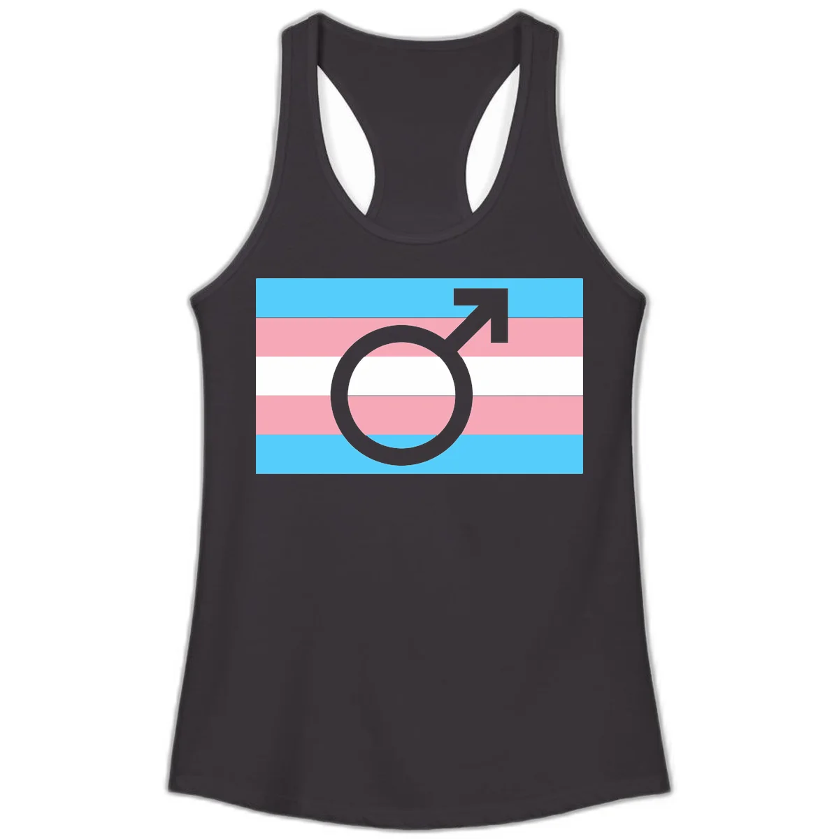 Gray transgender symbol with male arrow and circle overlaid on light blue, pink, and white horizontal stripes representing the trans pride flag in Black