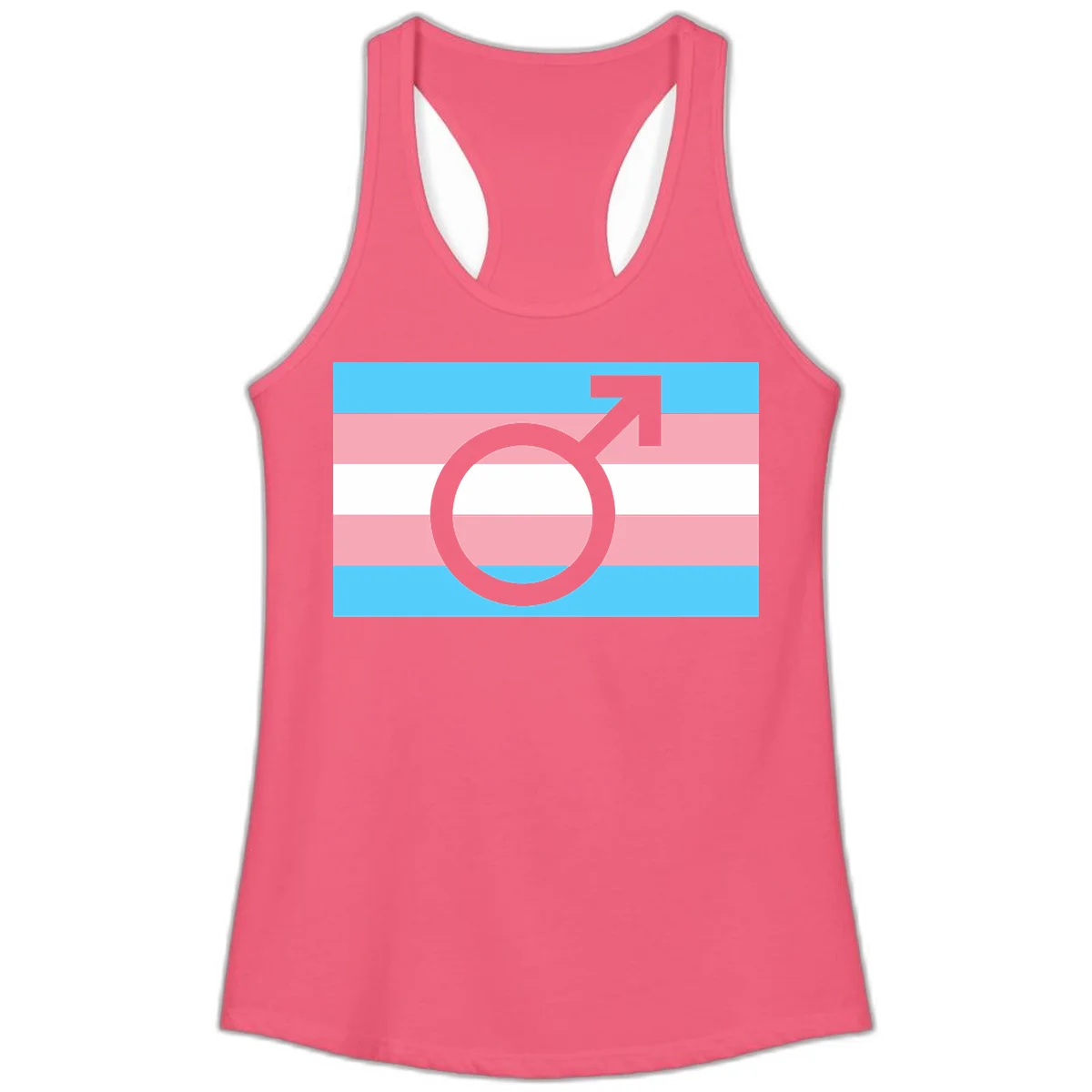 Gray transgender symbol with male arrow and circle overlaid on light blue, pink, and white horizontal stripes representing the trans pride flag in Hot Pink