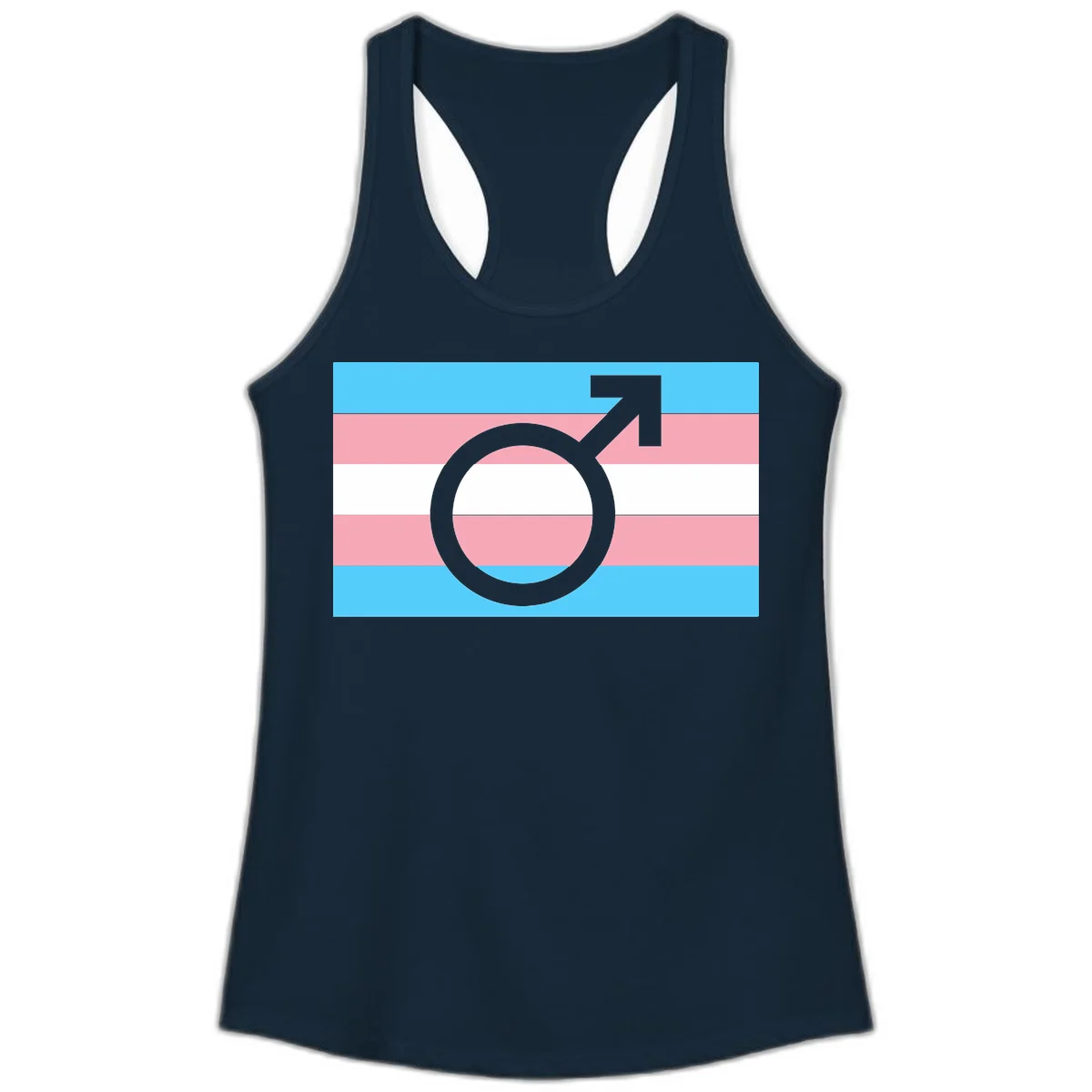 Gray transgender symbol with male arrow and circle overlaid on light blue, pink, and white horizontal stripes representing the trans pride flag in Solid Midnight Navy