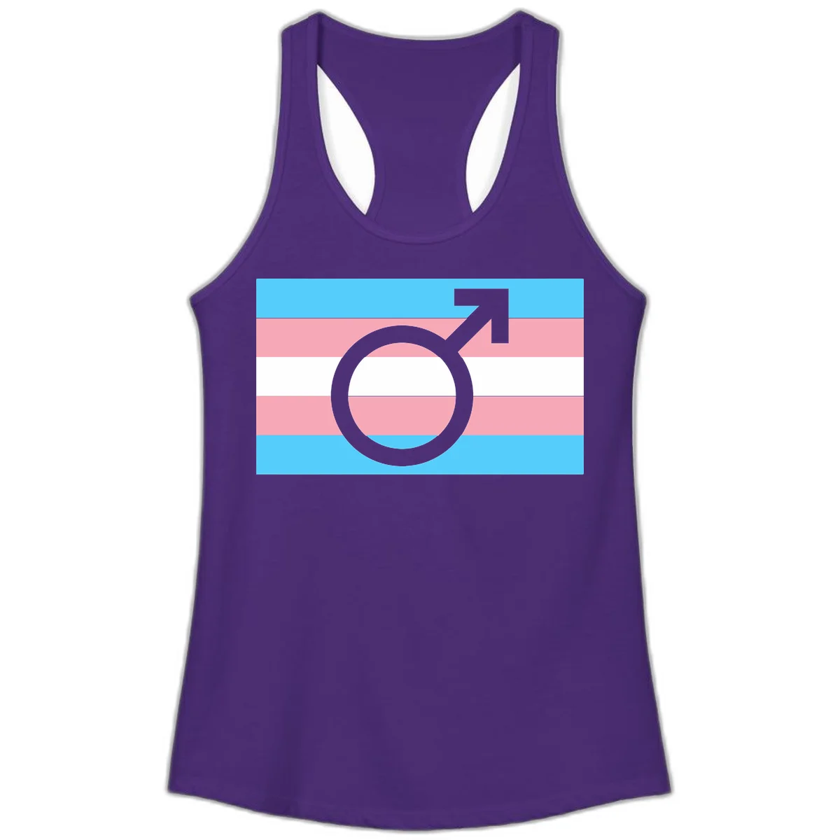 Gray transgender symbol with male arrow and circle overlaid on light blue, pink, and white horizontal stripes representing the trans pride flag in Solid Purple Rush
