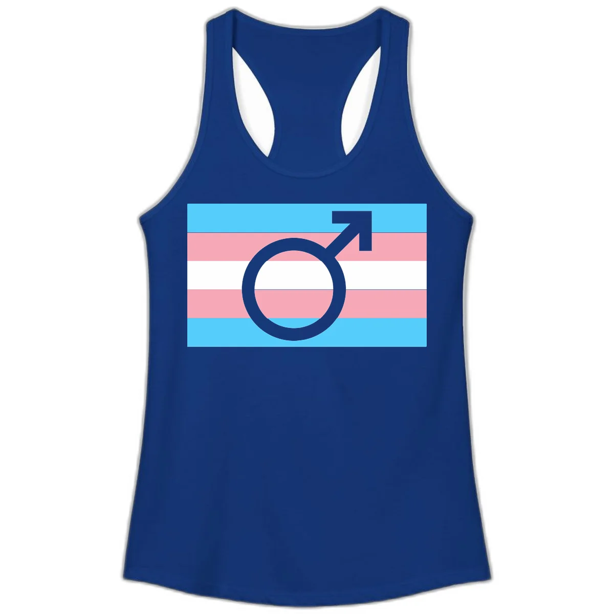 Gray transgender symbol with male arrow and circle overlaid on light blue, pink, and white horizontal stripes representing the trans pride flag in Solid Royal