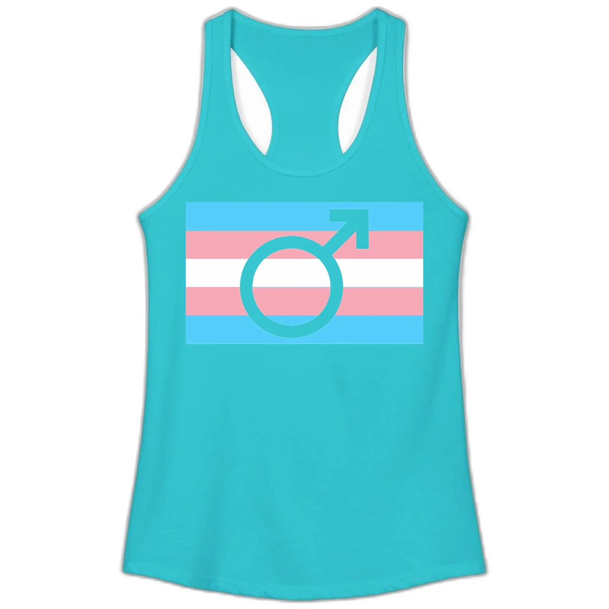 Gray transgender symbol with male arrow and circle overlaid on light blue, pink, and white horizontal stripes representing the trans pride flag in Solid Tahiti Blue