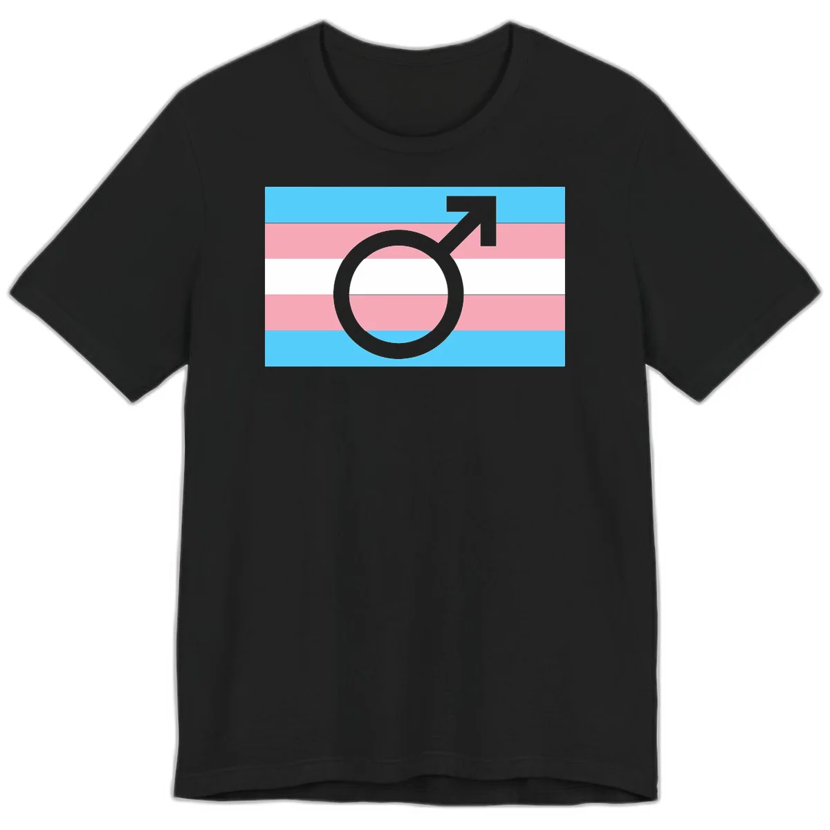 Gray transgender symbol with male arrow and circle overlaid on light blue, pink, and white horizontal stripes representing the trans pride flag in Black