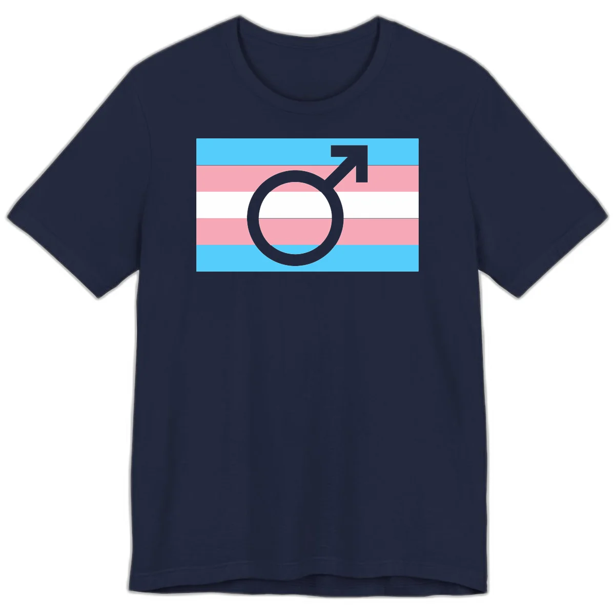Gray transgender symbol with male arrow and circle overlaid on light blue, pink, and white horizontal stripes representing the trans pride flag in Navy