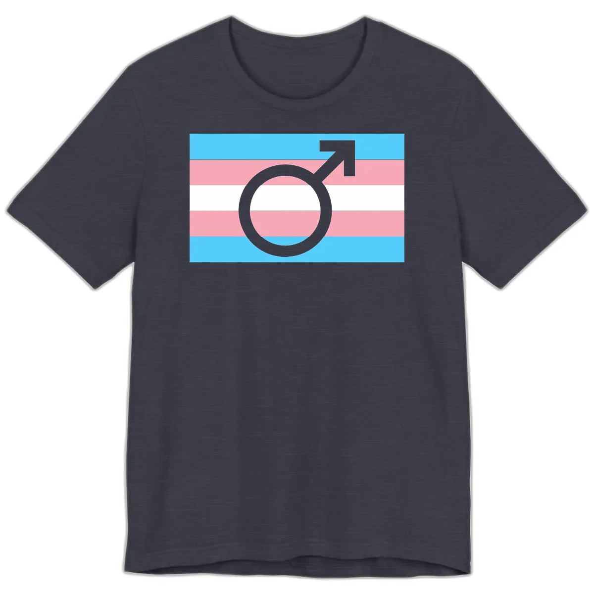 Gray transgender symbol with male arrow and circle overlaid on light blue, pink, and white horizontal stripes representing the trans pride flag in Heather Midnight Navy